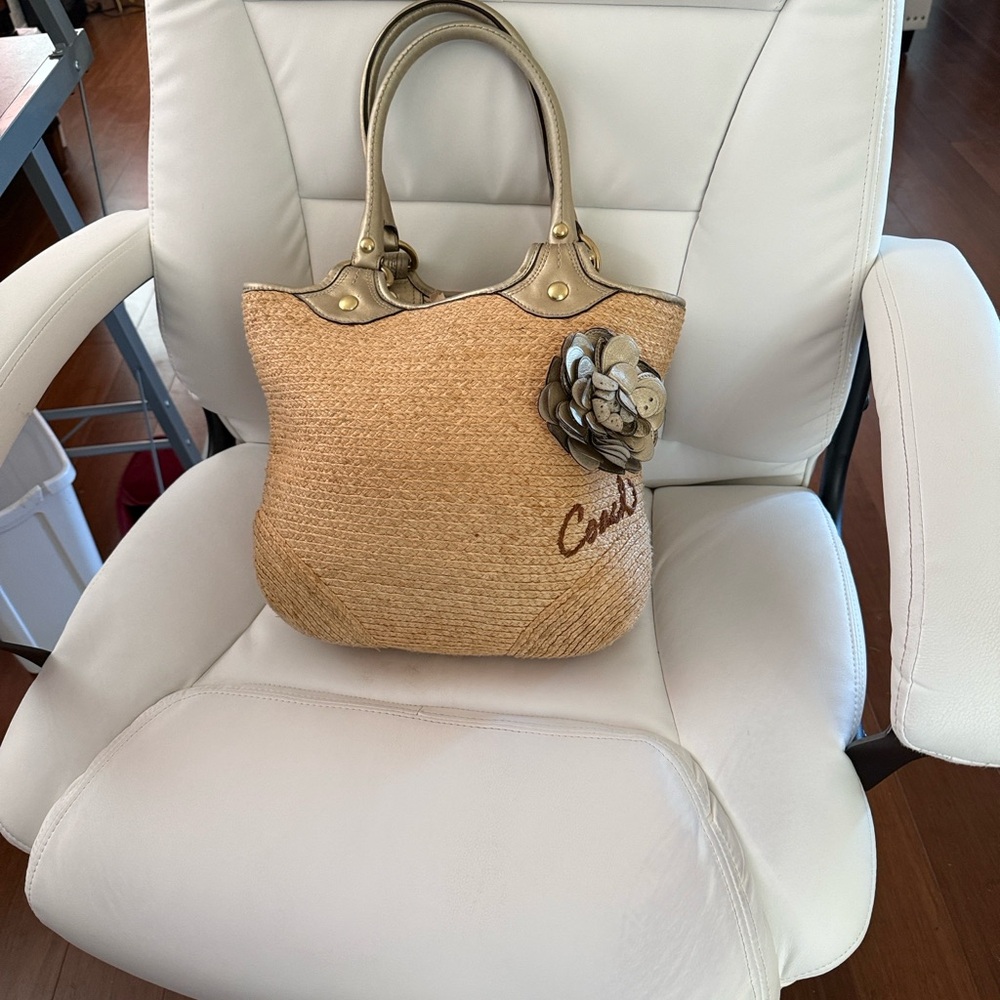 Straw Woven Coach Bleeker handbag-Flower Accent. Naturally woven. - Picture 4 of 14